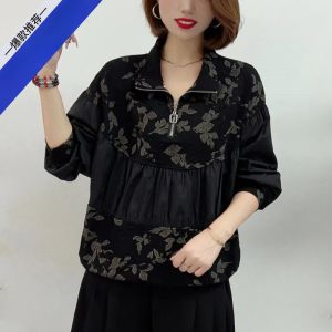 เสื้อเชิ้ตผู้หญิงไซส์ใหญ่แขนยาวลายดอกไม้สไตล์เกาหลีแฟชั่นฤดูใบไม้ร่วง 2025 เสื้อสเวตเตอร์มีซิปสำหรับคุณแม่