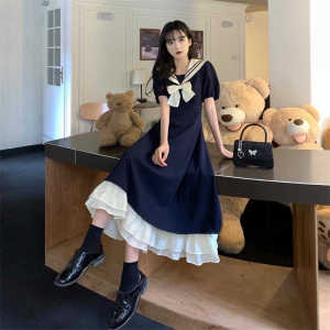 Sweet Butterfly Knot Navy Collar College Style Long Dress Women Spring Summer plus Size Short Sleeve Lace Trimmed Lolita Dress