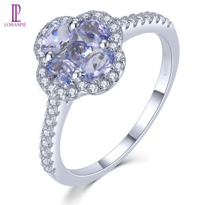 Lohaspie Jewelry Genuine Solid Sterling Silver 925 Ring Natural Tanzanite Chrome Diopside Ring 925 Silver Ring Green Gem Garnet Stone Ring Ladies Women Fashion Ring Jewelry