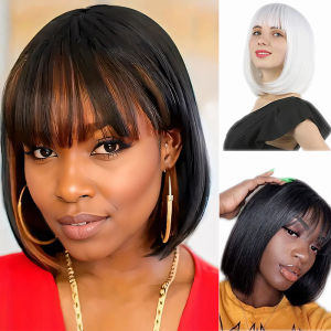 Synthetic Chic 10 Inch Bob Wig with Bangs Natural Black Brown Blend Easy-Style Daily Wear Light weight
