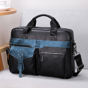BULLCAPTAIN Mens High Quality Leather Briefcase One Shoulder Messenger Large Capacity Document Bag Casual Business 15.5 Inch Computer Bag