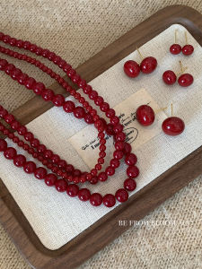 2024 Popular New Arrival Ankela Red Beaded Necklace Clavicle Chain Retro Hong Kong Style Simple Steamed Bread Bead Ear Studs
