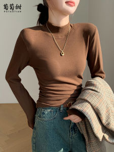 Half Turtleneck Bottoming Shirt Womens Dralon Classic Style Inner Wear Velvet Hoodie Fall and Winter Coffee Colored & Long-Sleeved Silm Outerwear T-shirt