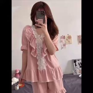 Bộ Ngủ Ngắn Tay Kẻ Sọc Cổ Viền Bèo Pha Ren Dễ Thương