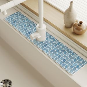 VIKAMA Blue Tile Checkered Striped Printed Faucet Absorbent Pad Quick Drying Sink Protective Pad Sink Sink Home Decoration
