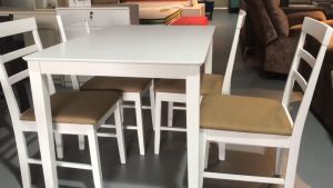 BETTY FURNITURE DAISY 1+4 Dining Table Solid Wood Sponge Seat Chair White Color / Meja Makan Putih 4 Kerusi