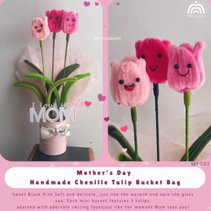 Chenille Tulip Bucket Bag | Handmade Plush Smiling Tulip Bouquet | Soft Pastel Gift for Mother’s Day & Birthday | pipe cleaner tulip smiley face | cute | adorable flower | lovely flower