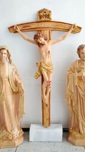 Bộ 3 tượng thờ Đức Mẹ Ban Ơn Thánh Giuse 60cm Thánh giá Chúa chịu nạn màu nâu composite - quà tặng công giáo