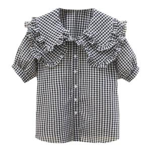 Trendy French Style Gingham Peter Pan Collar Summer Blouse
