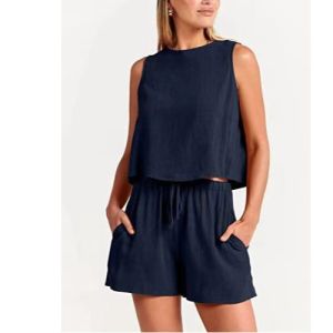 Cross-Border Fashion AliExpress Summer New Arrival O-neck Short Sleeveless Shirt Tops Wide Leg Shorts Two-piece Set Womens Clothing