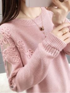 เสื้อสเวตเตอร์ถักคอตั้งแขนยาวผ้าลูกไม้ทรงหลวมสำหรับผู้หญิงในฤดูใบไม้ผลิ 2023 เสื้อคลุมกันหนาวแบบสวมหัวบางระบาย