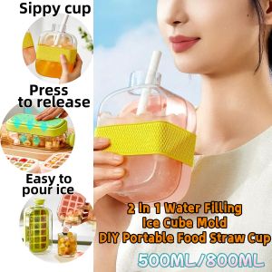 500ml/800ml Food Grade Silicone Touch-Free Ice Cube Mold Water Cup 2 In 1 Water Filling Ice Cube Mold DIY Portable Food Straw Cup Easy Ice Release For Freezer For Coffee Juice
