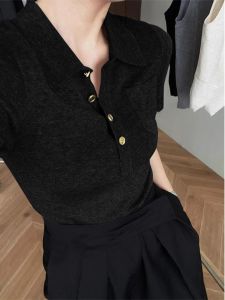 Black Polo Shirt Knitting Ice Silk Lapel Short-Sleeved T-shirt for Women Summer Fancy Short Temperamental Tops Small