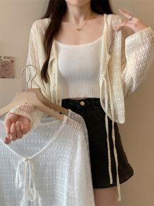Summer Thin Ice Silk Open Cardigan Womens Large Size Fat MM Outerwear Shawl Hollow out Belted Lightweight Long Sleeve Top