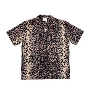 S&Y Pink Leopard Print Cuban Collar Short Sleeve Mens Shirt Atmosphere Feeling Holiday Style Polyester Fiber Casual Shirt