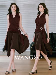 WANGXO | Shimmer V-Neck Halter Asymmetric Sash Sleeveless Top