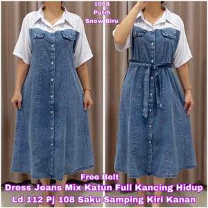 DRESS JEANS LENGAN PENDEK JUMBO MIDI KOMBINASI KATUN LD 110 BAHAN PREMIUM (LEMBUT & TIDAK KAKU) DIJAMIN BAHAN BAGUS DAN JUMBO