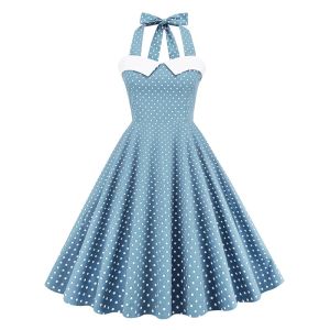 Hong Kong Style Goddess Niche Style Retro S Girlish Style Polka Dot Halterneck Sweet Slim Looking Elegant Backless Large Swing Dress