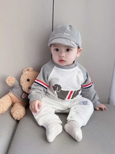 Spring Autumn Long Sleeve Baby Romper round Neck Printed Waistband Color Block Baby Clothes Newborn Casual Crawling Suit Trendy