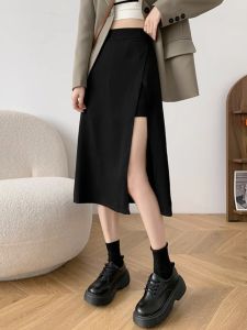 Black High Waist Asymmetrical Mid-Length A-Line Skirt Womens Fashion Spring Summer New Style Slimming Split Design Skirt