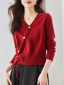 Outlet Clearance Brand Withdrawal สไตล์ฝรั่งเศส ขนสัตว์ เสื้อผ้าถัก ผู้หญิง ฤดูใบไม้ร่วง Winterเชือกรูด เสื้อ หลวม Version