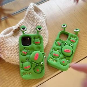 Funny Frog Rotatable Head Holder Phone Case For iPhone 17 16 15 14 13 12 Pro Max Plus Stress Relief Soft Silicone Phone Covers