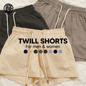INSPI Twill Shorts for Women with Side Pockets Drawstring Korean Above the Knee Plain Shorts for Men Beach Outfit