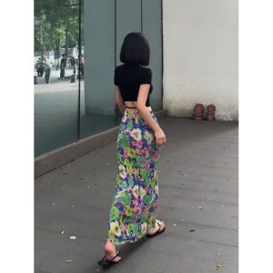 กระโปรงทรงเอเอวสูงพิมพ์ลายสีสันสดใสสำหรับผู้หญิง กระโปรงทรงเอยาวคลุมเข่า ทรงเข้ารูป กระโปรงทรงเอเอวสูง