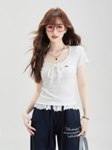 Sweet Casual Short Sleeve T-Shirt Womens Lace Trim Bow Tie Top Summer New Design Anti-Aging Stylish Slim Fit U-Neck Short Length