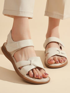 รองเท้าแตะผู้หญิงหนังแท้สวมใส่สบาย รองเท้าแตะแบบสวมหัวส้นแบน พื้นยาง ทรงหลวม รองเท้าแตะสไตล์โรมัน สำหรับฤดูร้อน