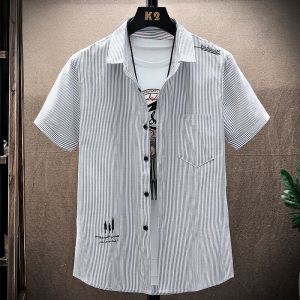 ROMON | Lormen Mens Stripe Short Sleeve Shirt Summer Thin Casual Ice Silk Workwear Jacket Loose Fit Fashion Urban Style Youth Summer Shirt