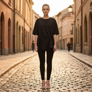 Split Hem Pleated Design Loose Round Neck T-Shirt