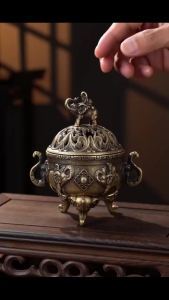 Lư Hương Kim Loại Phong Cách Cổ Điển Có Tay Cầm Thiết Kế Hình Sen Voi May Mắn Đồ Trang Trí Nhà Cửa Dùng Cho Thiền Định Yoga