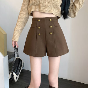 Khaki Woolen High Waist Wide Leg Short Pants Womens Autumn Winter A-Line Outerwear Small Size Suit Short Boots Pants