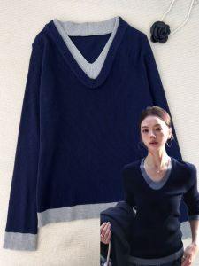 HUOLISI | Color-block Faux Two-piece Knitwear V-neck Top