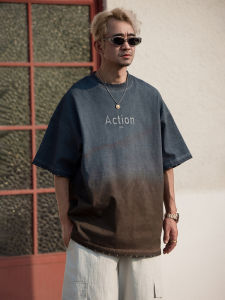 WPP Summer Heavyweight Washed Vintage Print Short Sleeve T-Shirt Gradient Dyed round Neck Slim Fit Pure Cotton Handsome Half Sleeve