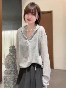 มีฮู้ด เสื้อยืดแขนยาว Thin Knitted Ice ผ้าไหม หลวม ป้องกันแสงแดด เสื้อท่อนบน สําหรับผู้หญิง ฤดูใบไม้ผลิ ฤดูใบไม้ร่วง ดีไซน์ Sense Straight Tube Type