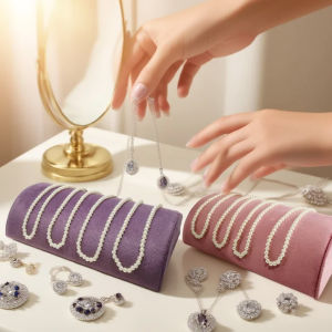Pink Purple Velvet Half-Moon Jewelry Display Stand Elegant Necklace & Bracelet Showcase