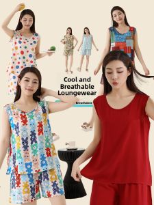 Ladies Cotton Silk Sleepwear Summer Loose Home Clothes Set Vest And Shorts plus Size Comfortable Breathable Cartoon Print