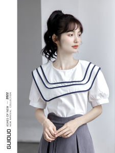 Womens Summer Short Sleeve Naval Collar Top Versatile Elegant Fashion Design Petite Trendy White ShirtVersatile LittleBlackDress