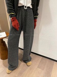 Retro Striped Fleece Lined High Waist Wide Leg Casual Pants Women Winter New plus Size Fat MM Comfortable Loose Fit Trousers