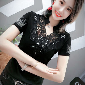 WOUEY เสื้อยืดผู้หญิงลายปักเซ็กซี่เพชรเงางาม2023ใหม่เสื้อเสื้อแขนสั้นหญิงเสื้อผู้หญิงสไตล์เกาหลีคอปกแบบลำลองใหม่