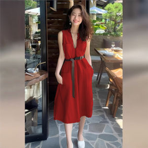 Red Sleeveless Cotton Linen Dress Womens New 2025 Summer Luxury Sensation French Style Vest Skirt H-Line Midi Dress