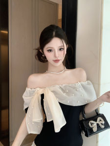 GUZILIAN | Summer Pure Desire Womens Butterfly Knot Embellished Chiffon Off-Shoulder Short-Sleeve Shirt Casual Fit Stylish Top