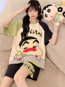 plus Size Womens Summer Sleepwear Cotton Short Sleeve Cartoon Print Home Clothes Set Comfortable Breathable round Neck Pajamas