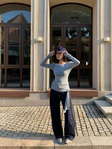 JIANHE Autumn 2025 Womens T-Shirt Asymmetrical Shoulder Tie-Dye Long Sleeve Casual Style Soft Comfortable Polyester Cotton Blend