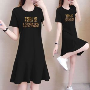 New Womens Mid-Length Casual Loose Dress Student Fish Tail T-Shirt Skirt Korean Style Summer plus Size Slimming Dress