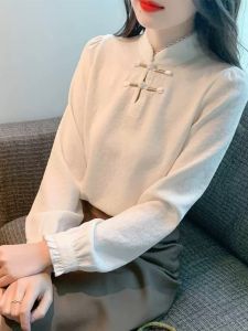 Elegant Chinese Style Womens Long Sleeve Chiffon Shirt Stand Collar Button up Spring Autumn Fashionable High Quality Top