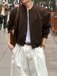 DAVID&ME | Brown Melange Short Drawstring Retro Stylish Baseball Jacket