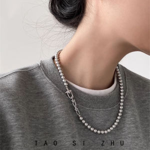 Cool Casual Grey Beaded Chain Necklace Spliced Design Sweater Chain Fashionable Titanium Steel round Bead Chain for Women